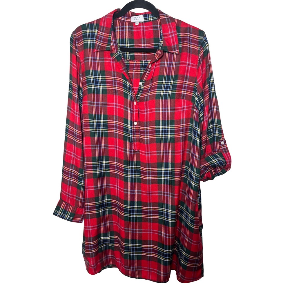 Crown & Ivy Shirt Dress Women's M Red Tartan Plaid Roll Tab Pockets Tunic